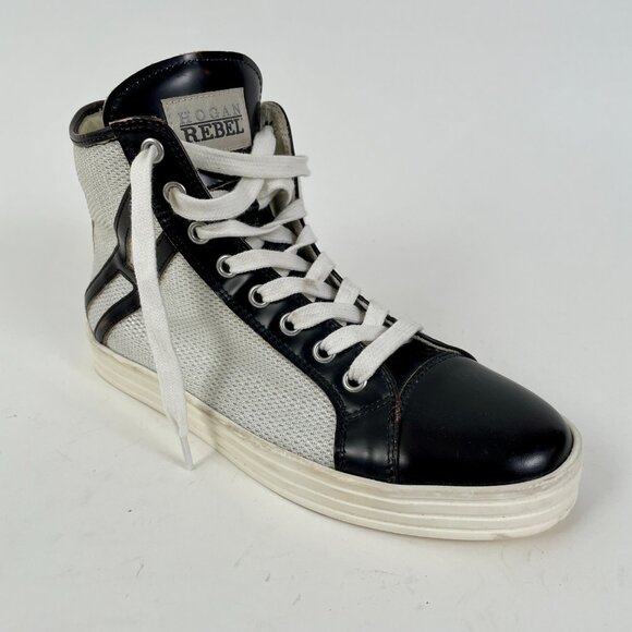 Women's Hogan Rebel R182 High Top Sneakers, Black Leather/SIiver Sequin, Size 36 - Picture 11 of 15